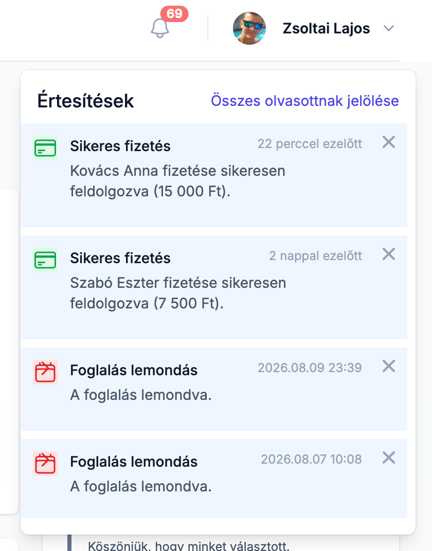 A harang ikon lenyitott értesítési listája az Összes olvasottnak jelölése gombbal