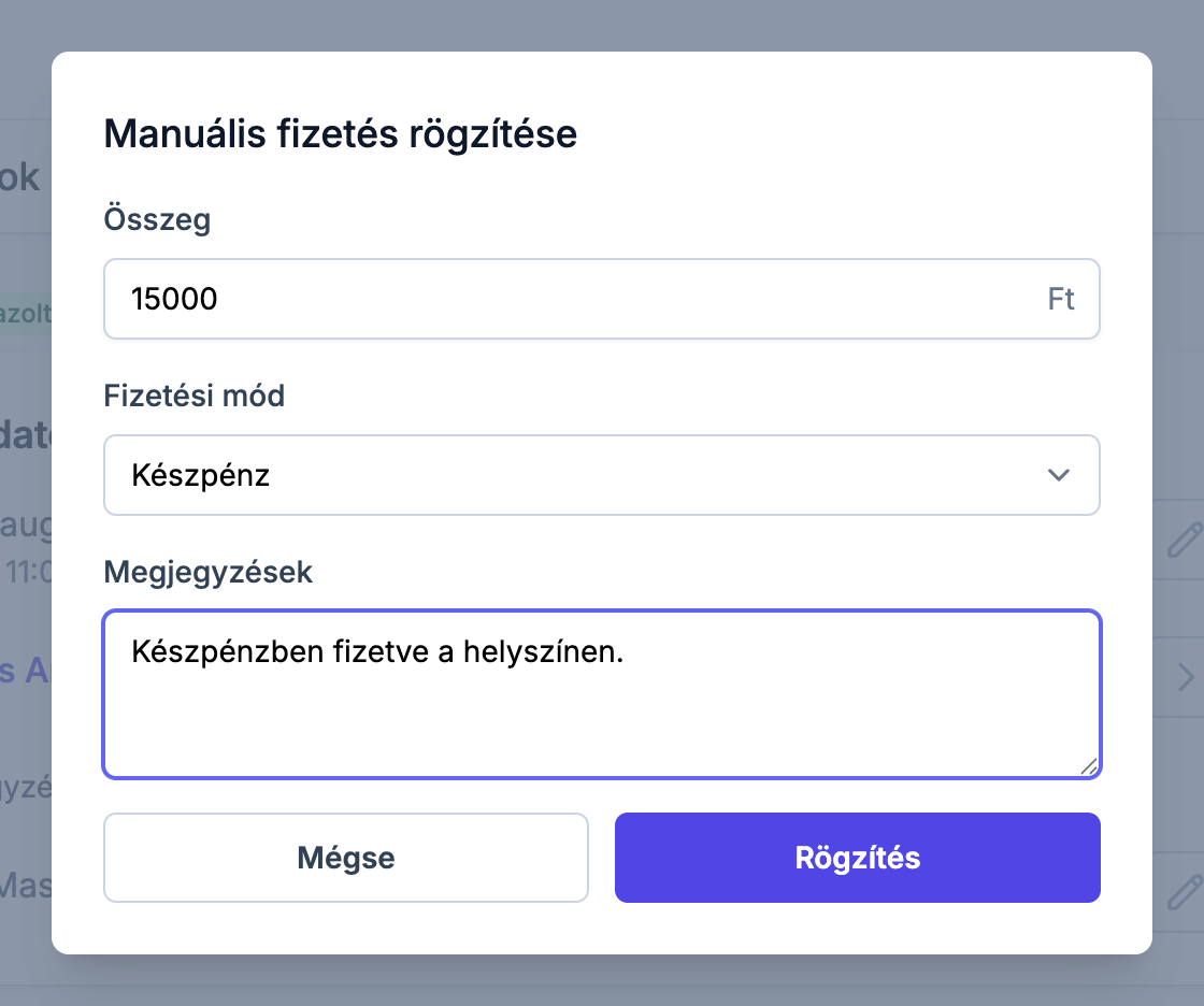 Manuális fizetés rögzítése ablak