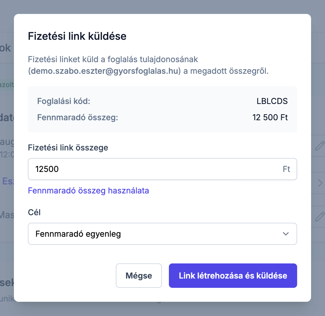 A Fizetési link küldése ablak az összeggel és a céllal