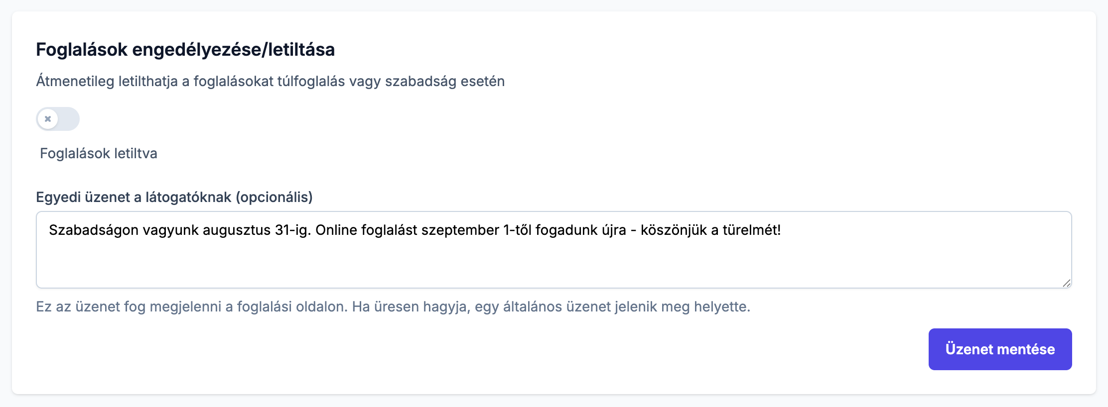 Foglalások szüneteltetése kapcsoló