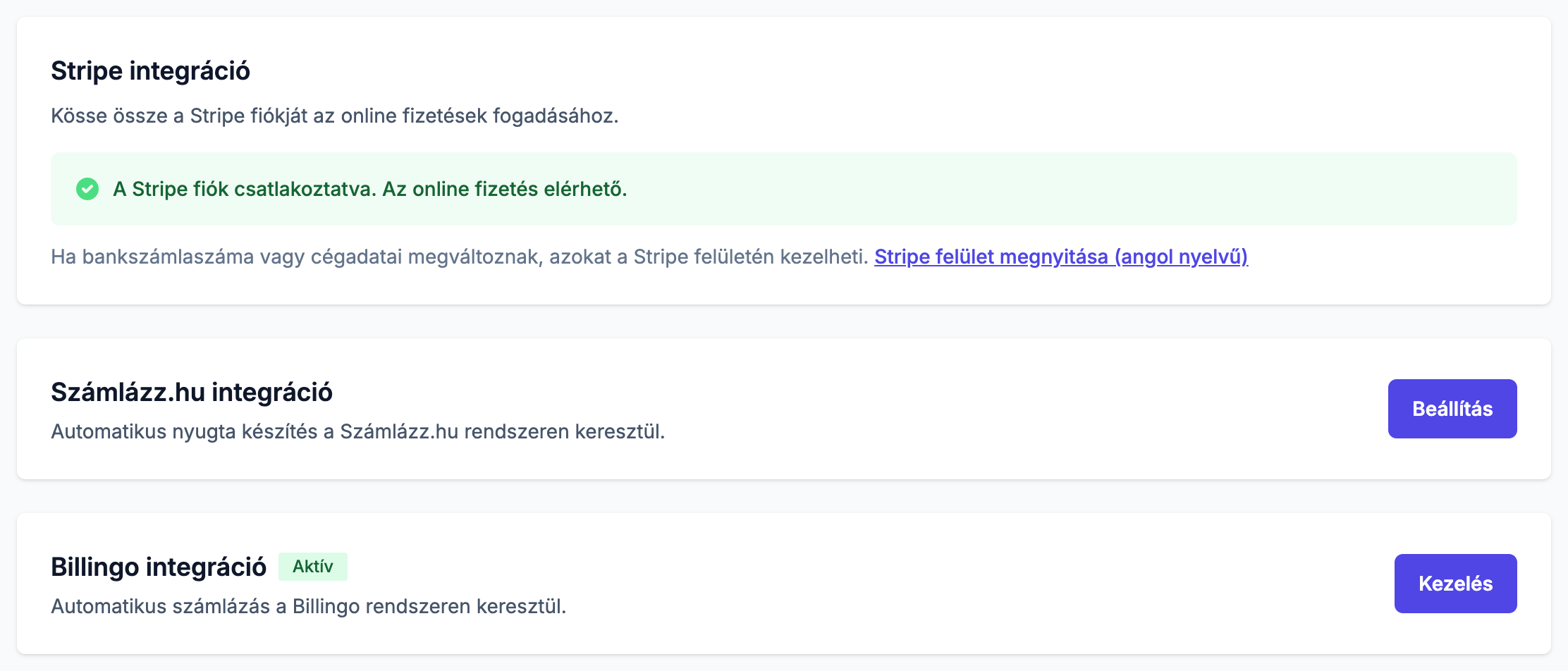Az Integrációk fül