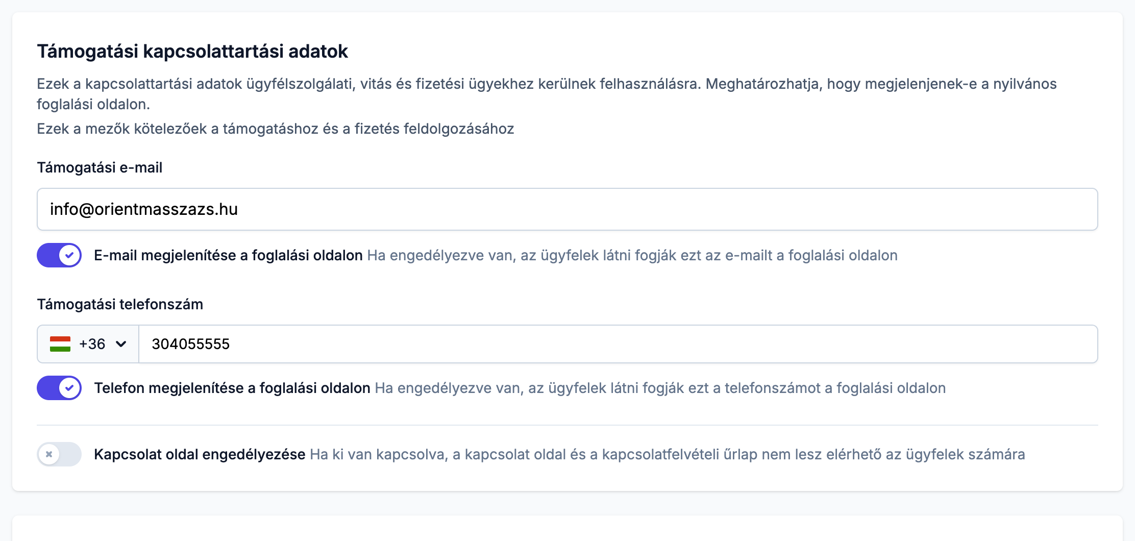 Támogatási kapcsolattartási adatok a nyilvános megjelenítés kapcsolóival