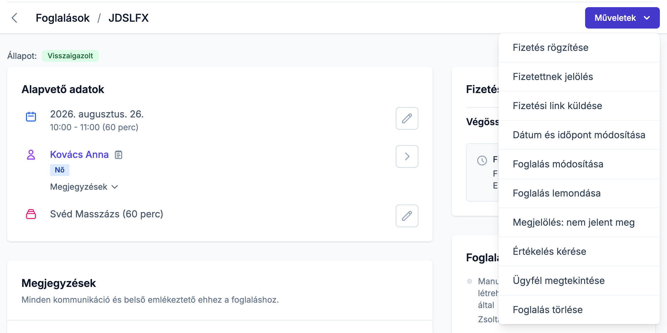 A foglalás részletoldala a lenyitott Műveletek menüvel