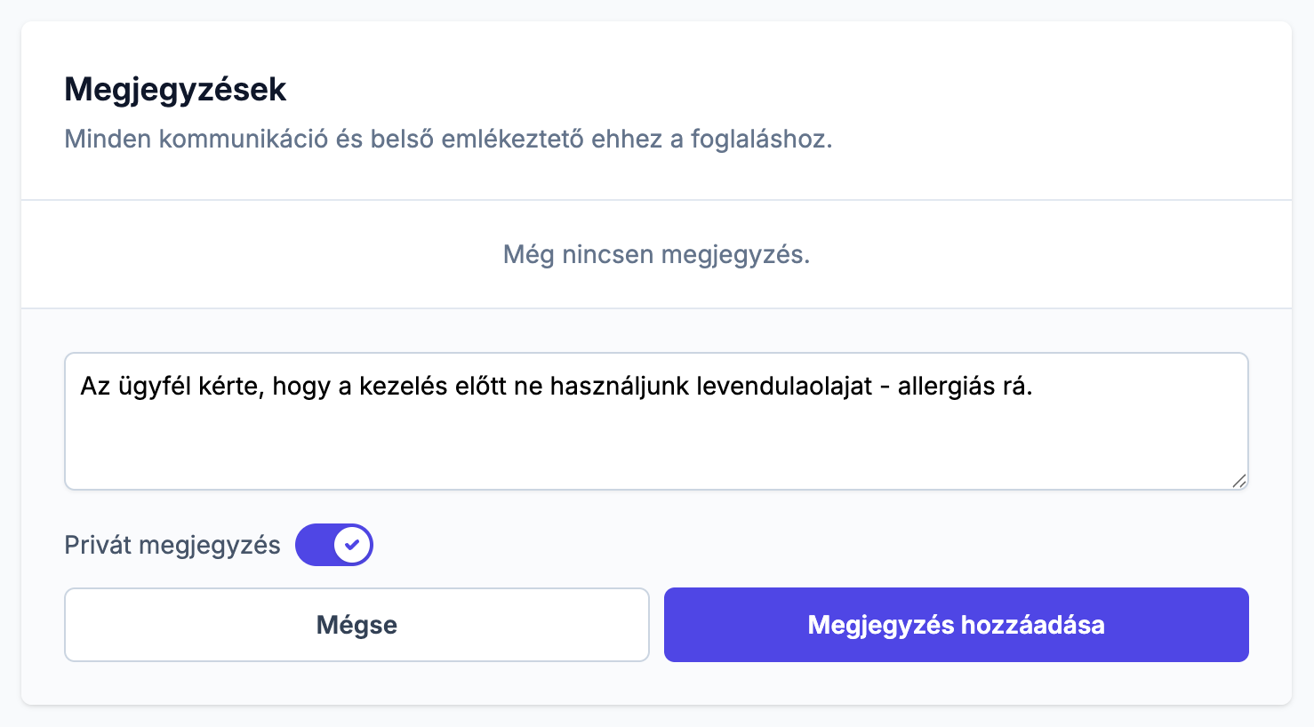 Megjegyzés hozzáadása a Privát megjegyzés kapcsolóval