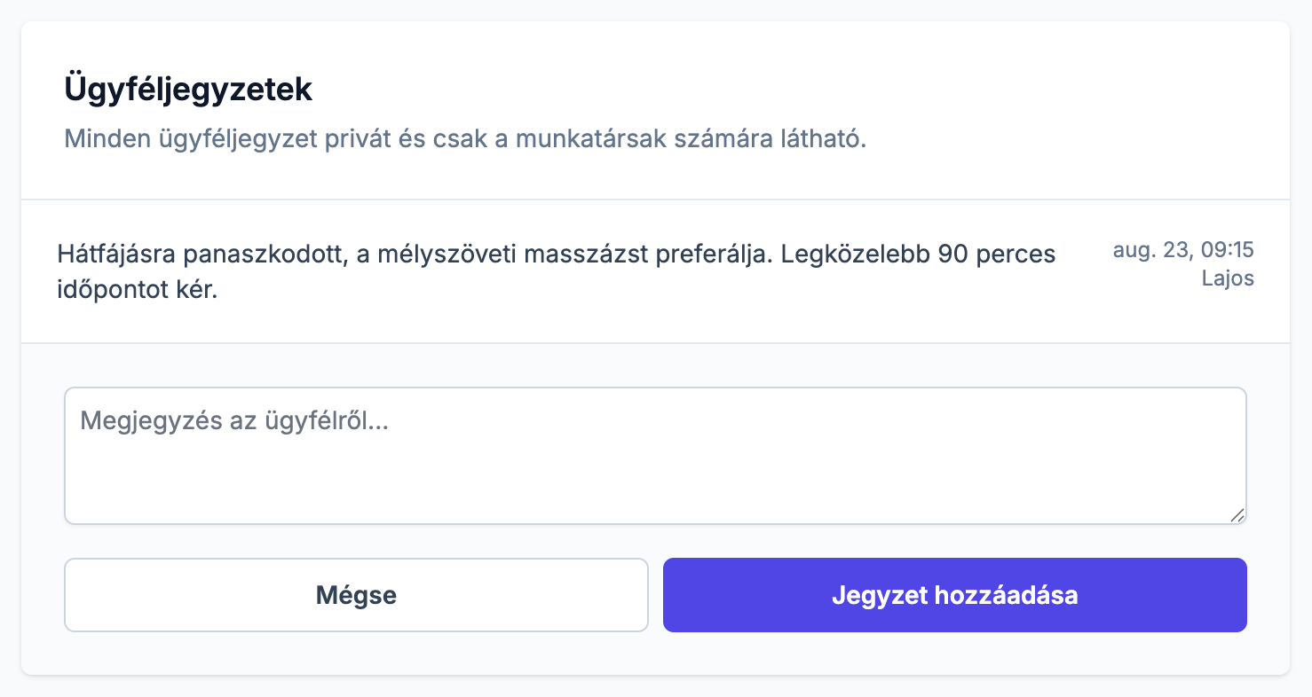 Ügyféljegyzetek szekció