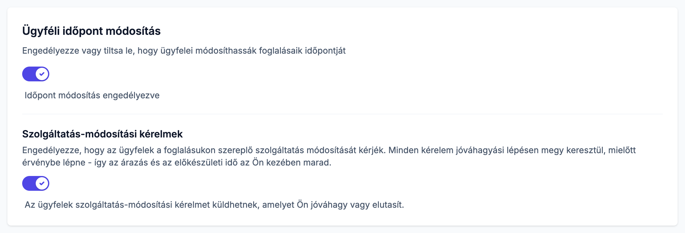 Ügyféli időpont módosítás kártya