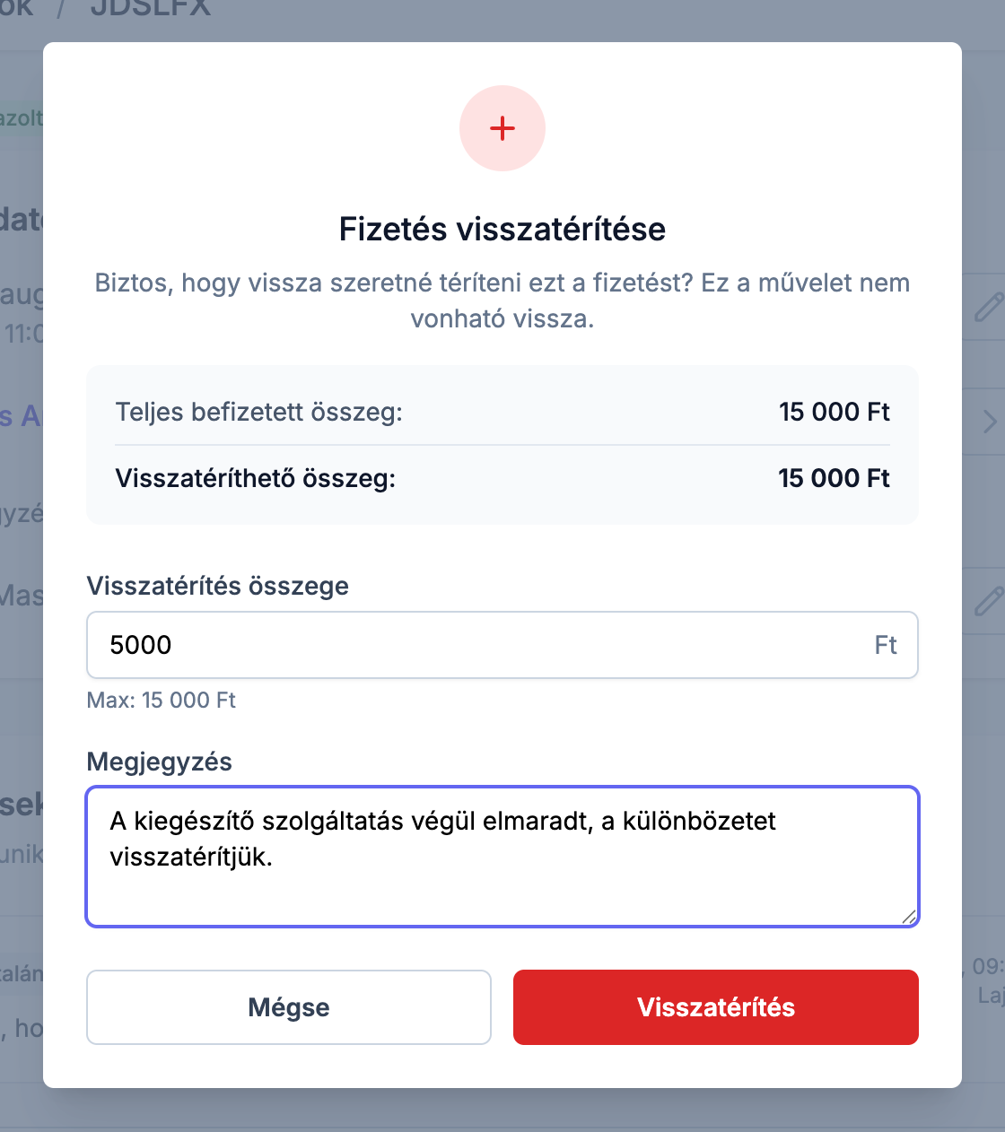 Fizetés visszatérítése ablak részösszeggel